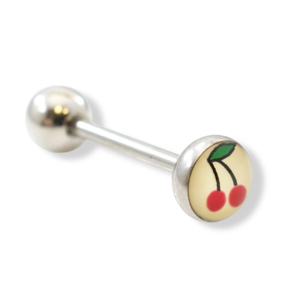 Surgical Steel Tongue Barbell 14 Gauge 15mm with Small Cherry Logo Top