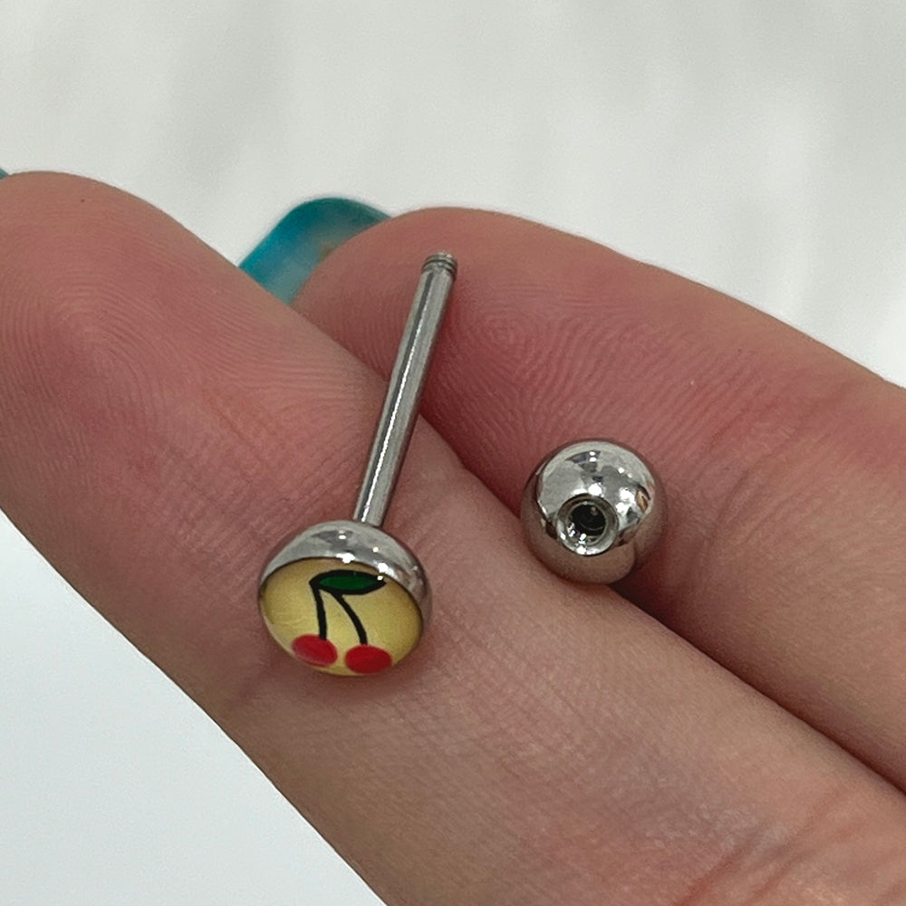 Surgical Steel Tongue Barbell 14 Gauge 15mm with Small Cherry Logo Top - photo 2