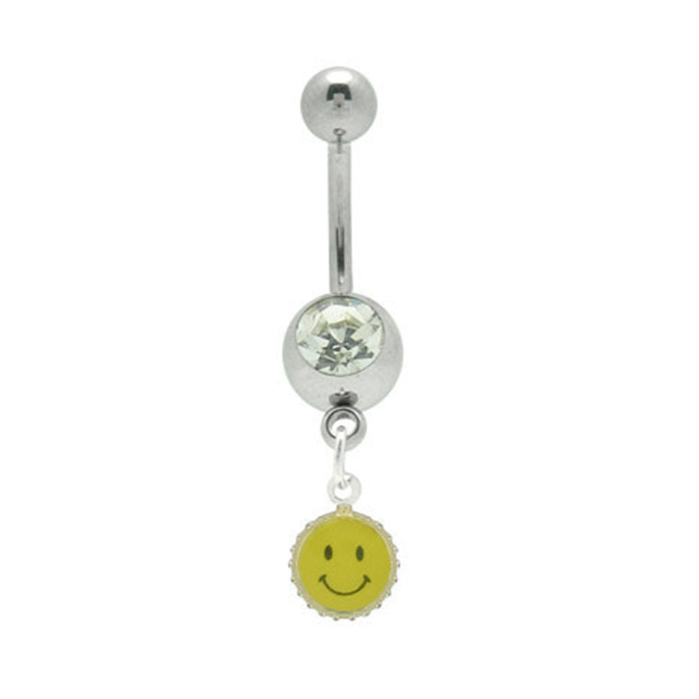 Surgical Steel 14 Gauge Smiley Face Logo CZ Dangle Belly Button Ring