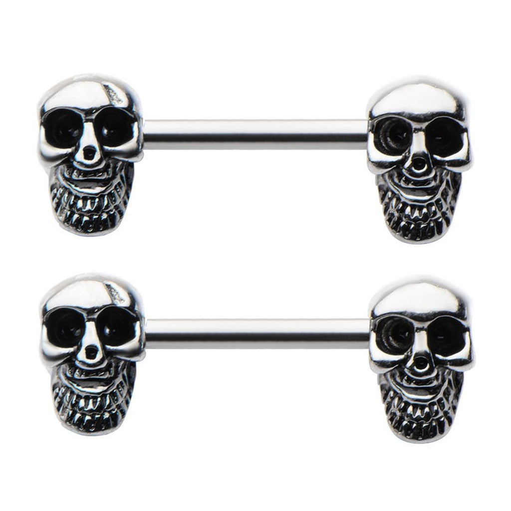 Surgical Steel Barbell Nipple Ring 14 Gauge Beaded Skull - Pair - Kruelty