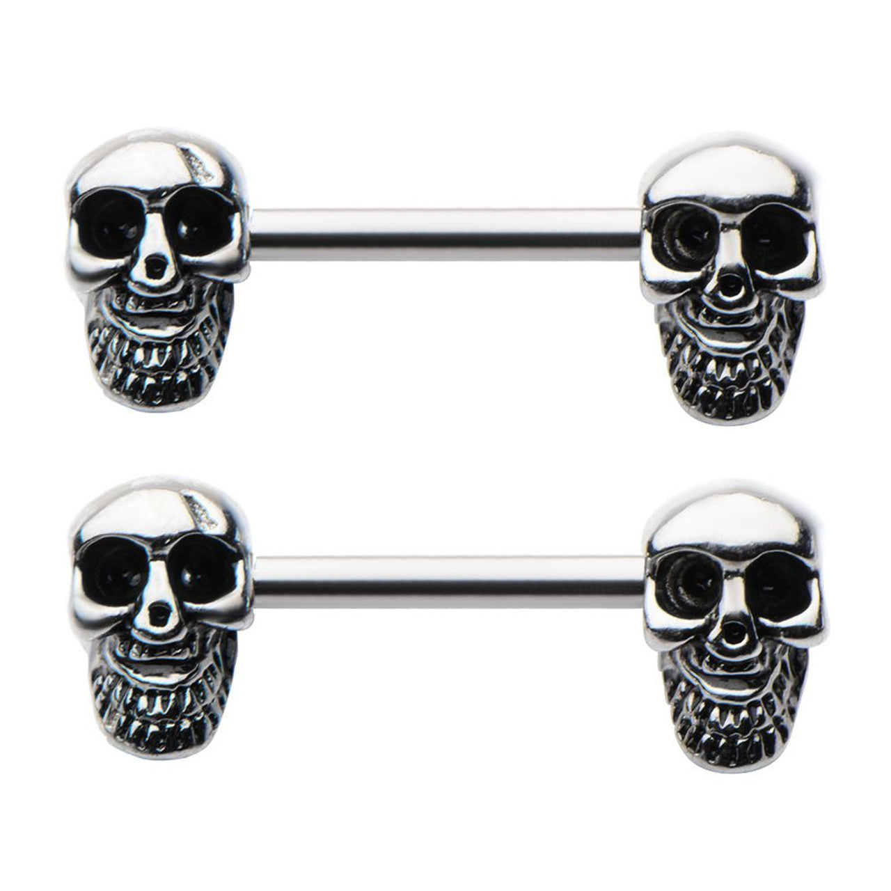 Surgical Steel Barbell Nipple Ring 14 Gauge with Beaded Skull - Pair