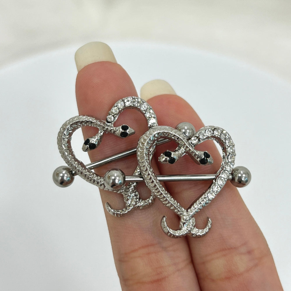 Surgical Steel 14 Gauge Nipple Shield Ring with CZ Snake Heart - Pair - photo 5