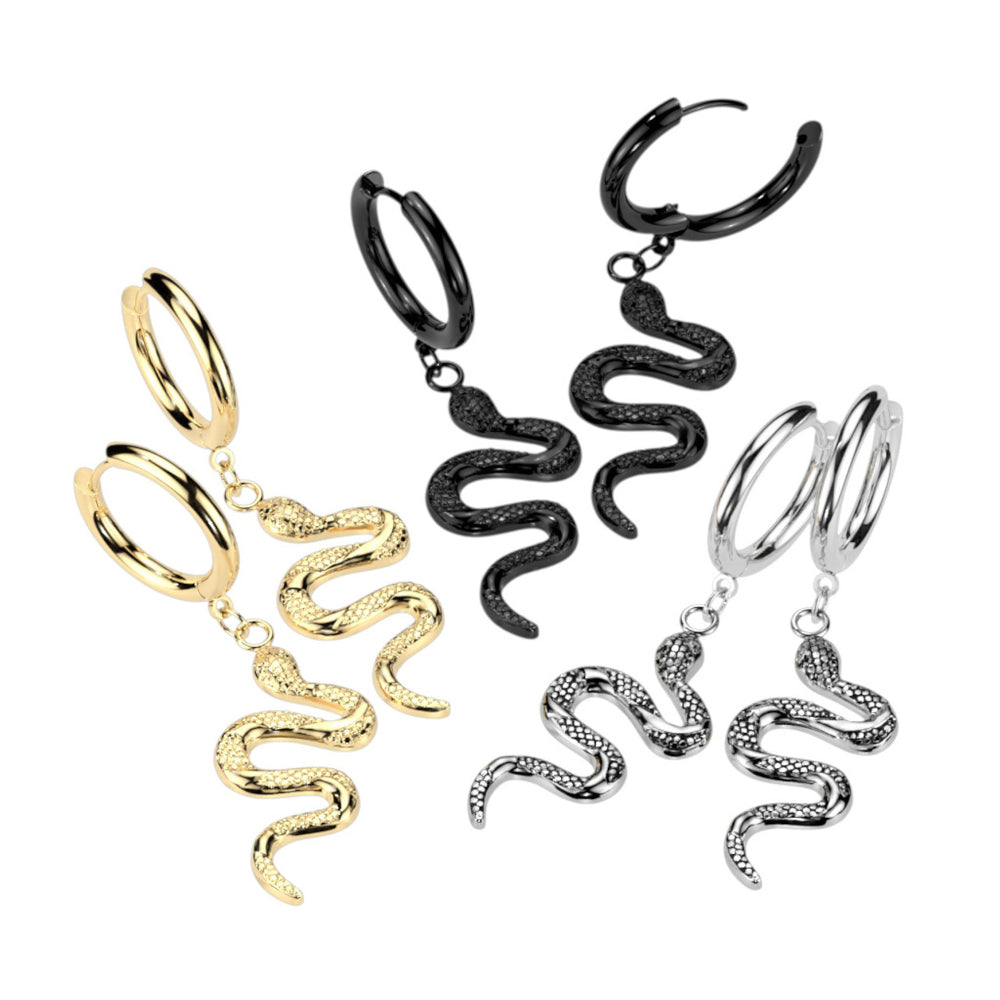 Surgical Steel 18 Gauge Dangle Snake Hoop Earrings - Pair