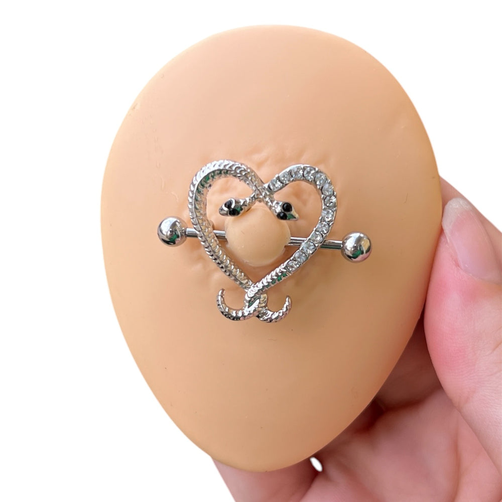 Surgical Steel 14 Gauge Nipple Shield Ring with CZ Snake Heart - Pair - photo 2
