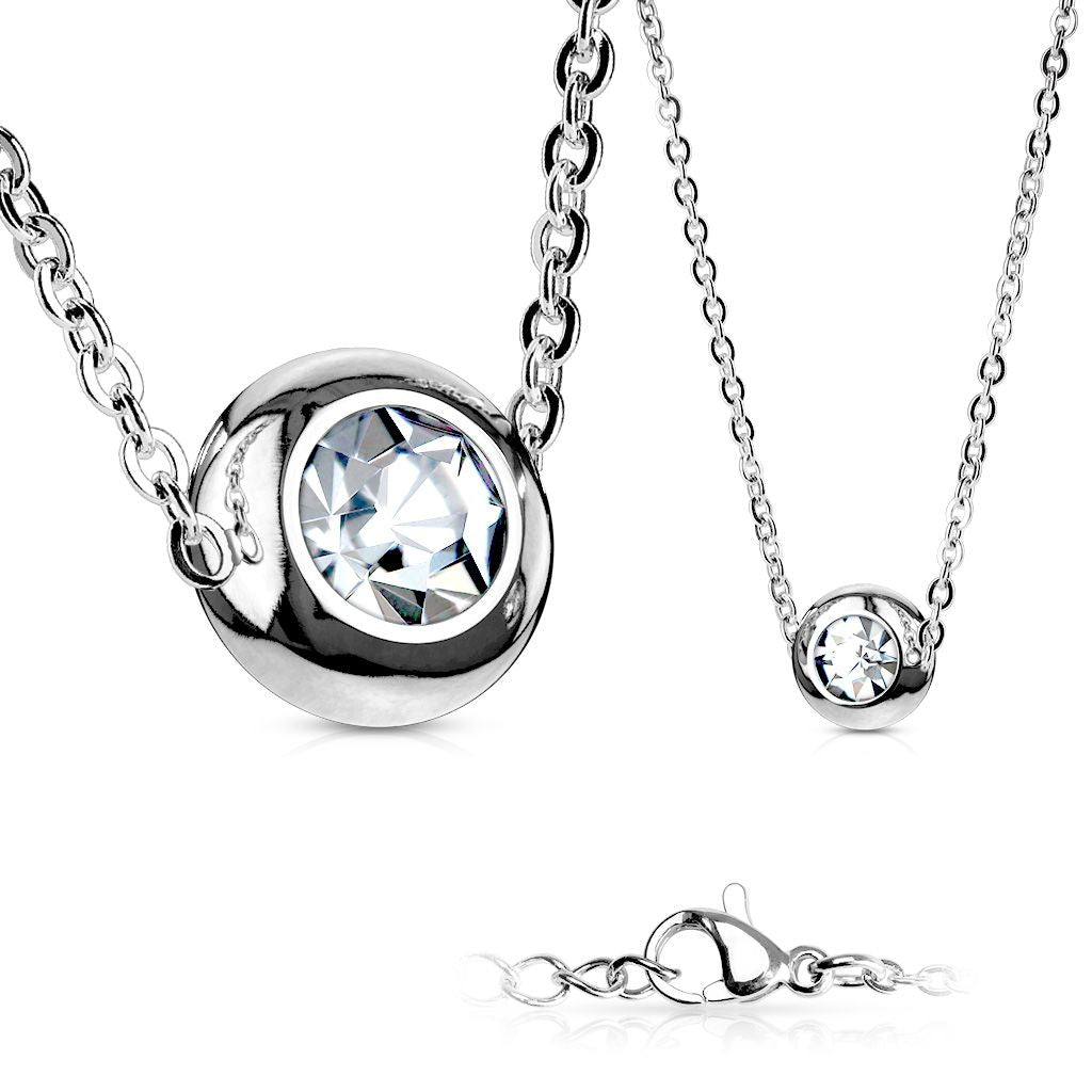 Surgical Steel Solitaire CZ Round Pendant with Chain