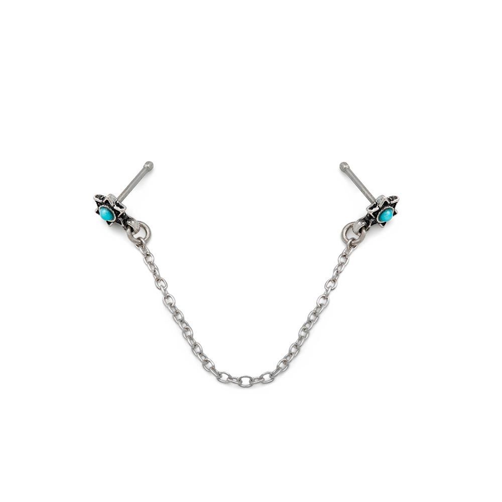Surgical Steel 20G Teal Opal Star Double Nose Bones with Chain