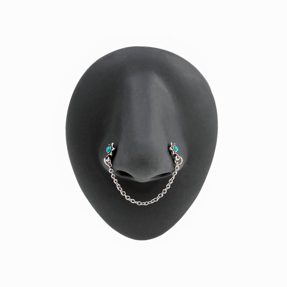 Surgical Steel 20G Teal Opal Star Double Nose Bones with Chain