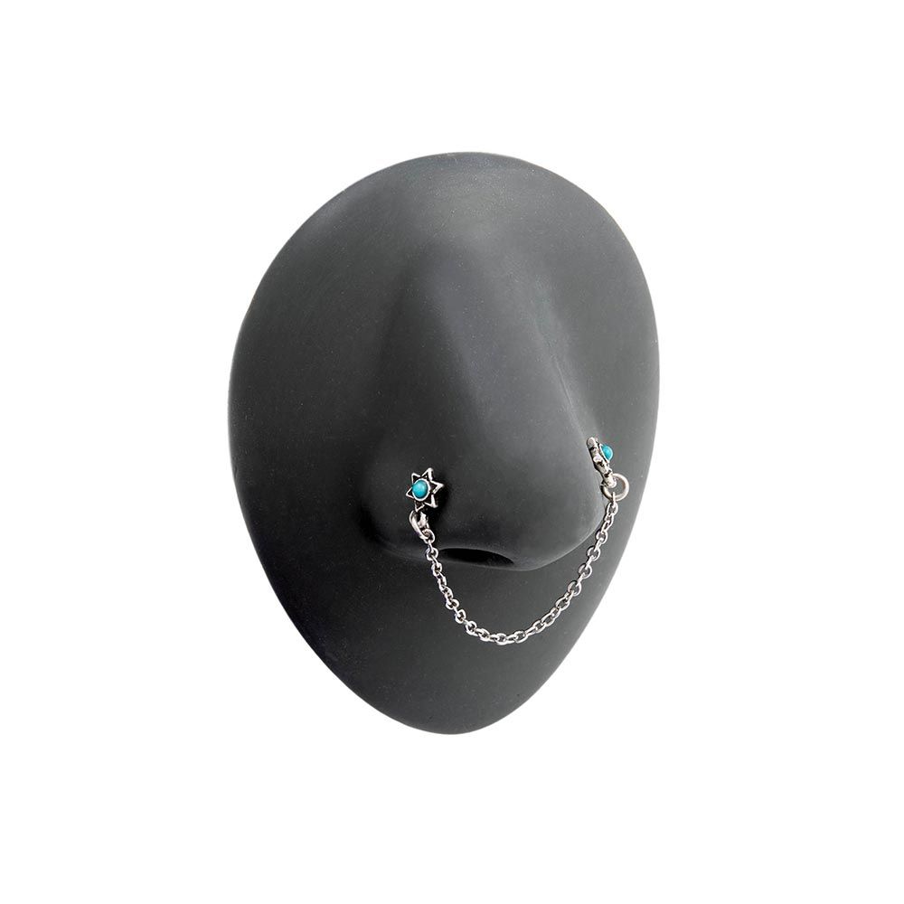Surgical Steel 20G Teal Opal Star Double Nose Bones with Chain
