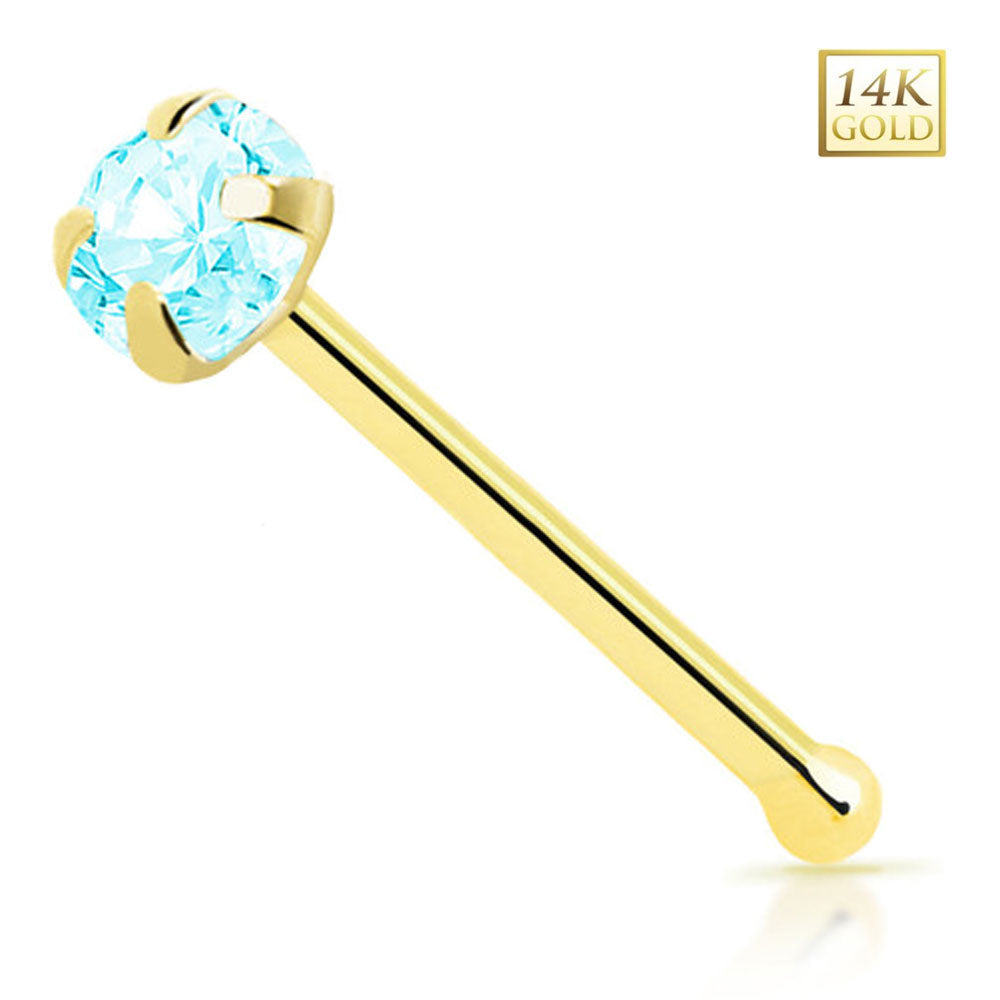 14K Solid Gold 22 Gauge Prong CZ Top Nose Bone Stud