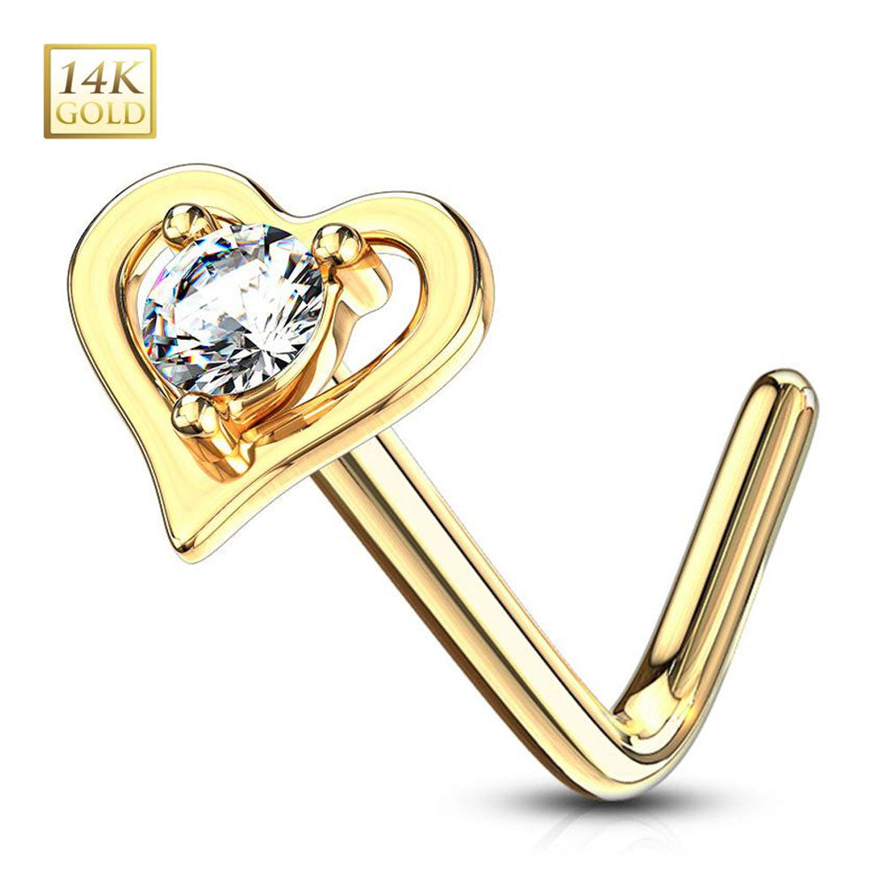 14K Solid Gold 20 Gauge L Shaped Nose Stud with Center CZ Heart - photo 5