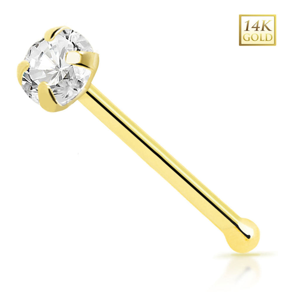 14K Solid Gold 22 Gauge Prong CZ Top Nose Bone Stud