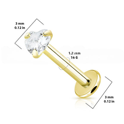 14K Solid Gold Labret Stud 16G 6mm to 16mm with Heart CZ Top - photo 2