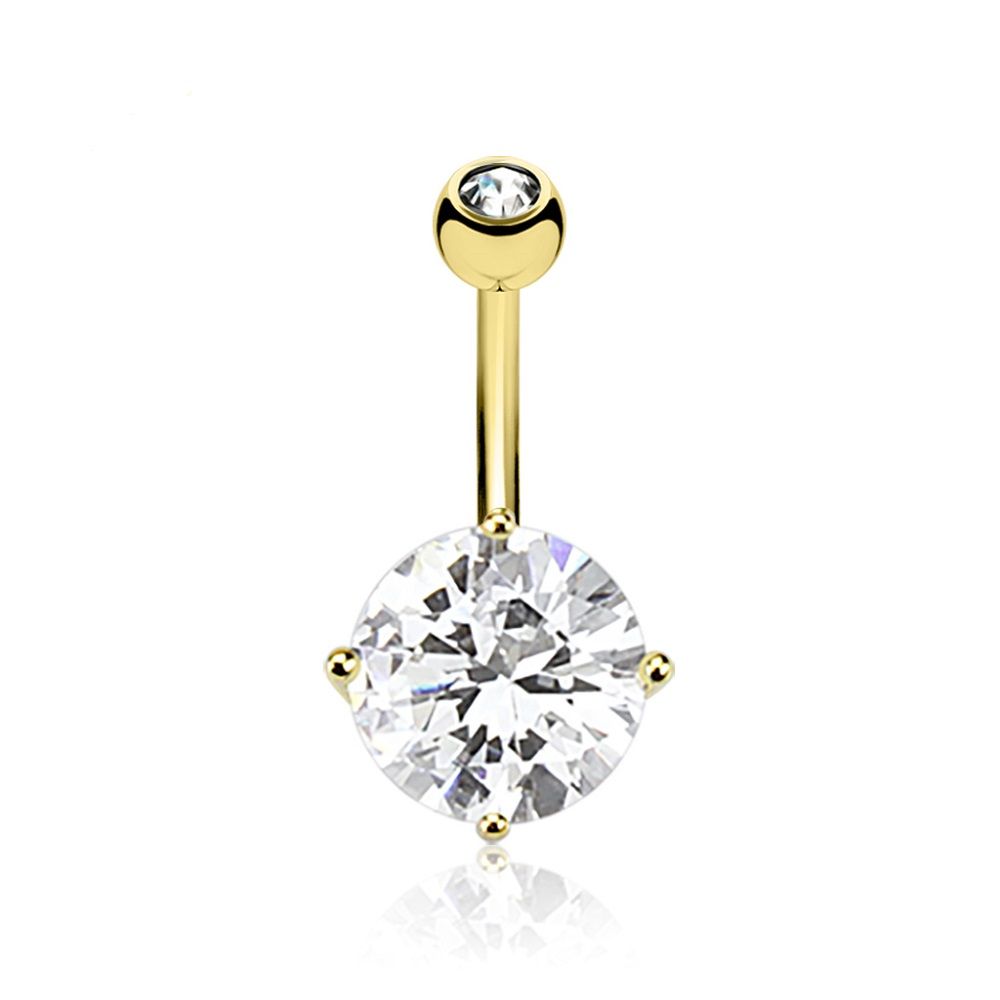 14K Solid Gold 14 Gauge Prong Set CZ Belly Ring - 3/8 Inch