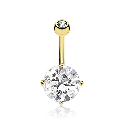 14K Solid Gold 14 Gauge Prong Set CZ Belly Ring - 3/8 Inch