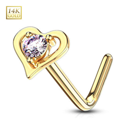 14K Solid Gold 20 Gauge L Shaped Nose Stud with Center CZ Heart - photo 6