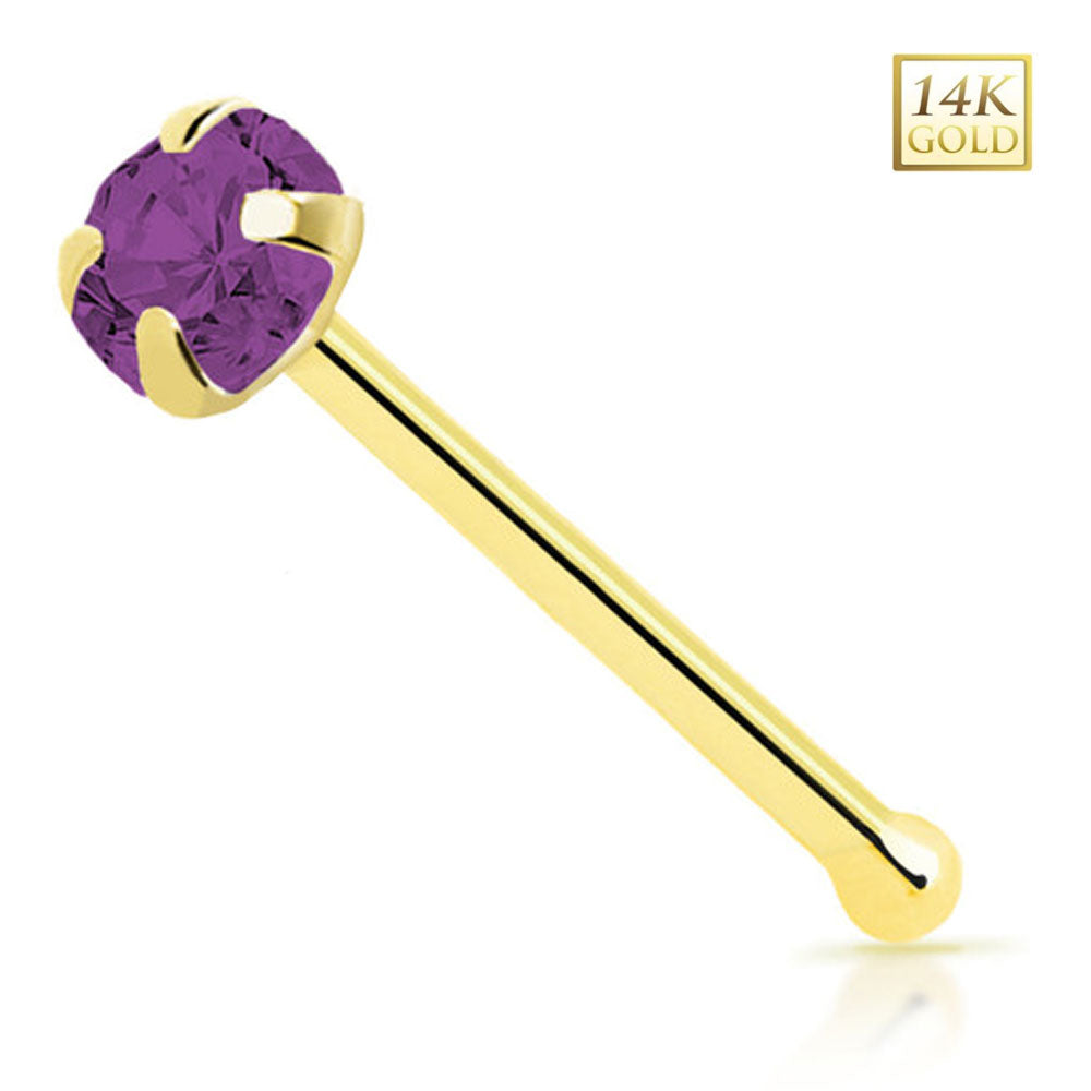 14K Solid Gold 22 Gauge Prong CZ Top Nose Bone Stud