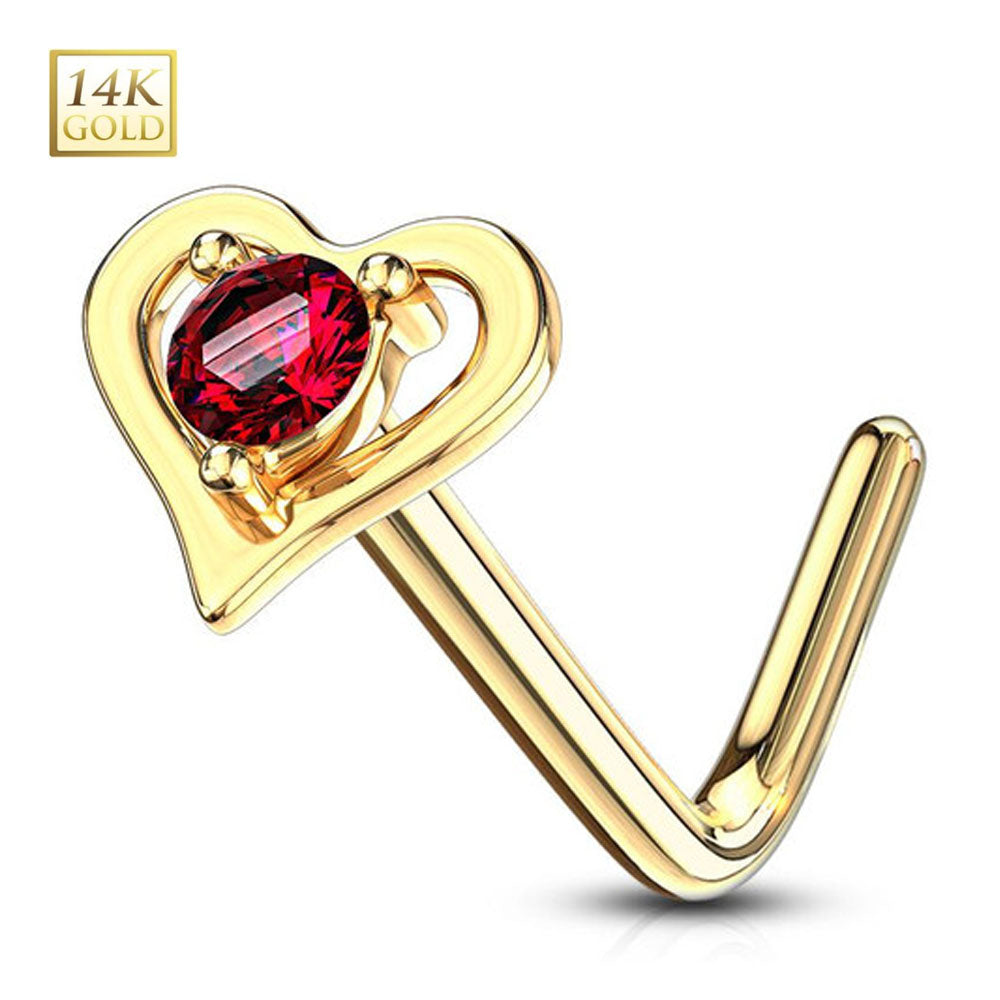 14K Solid Gold 20 Gauge L Shaped Nose Stud with Center CZ Heart - photo 7