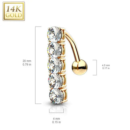 14K Solid Gold 14 Gauge Reverse Belly Ring with 5 CZ - photo 2