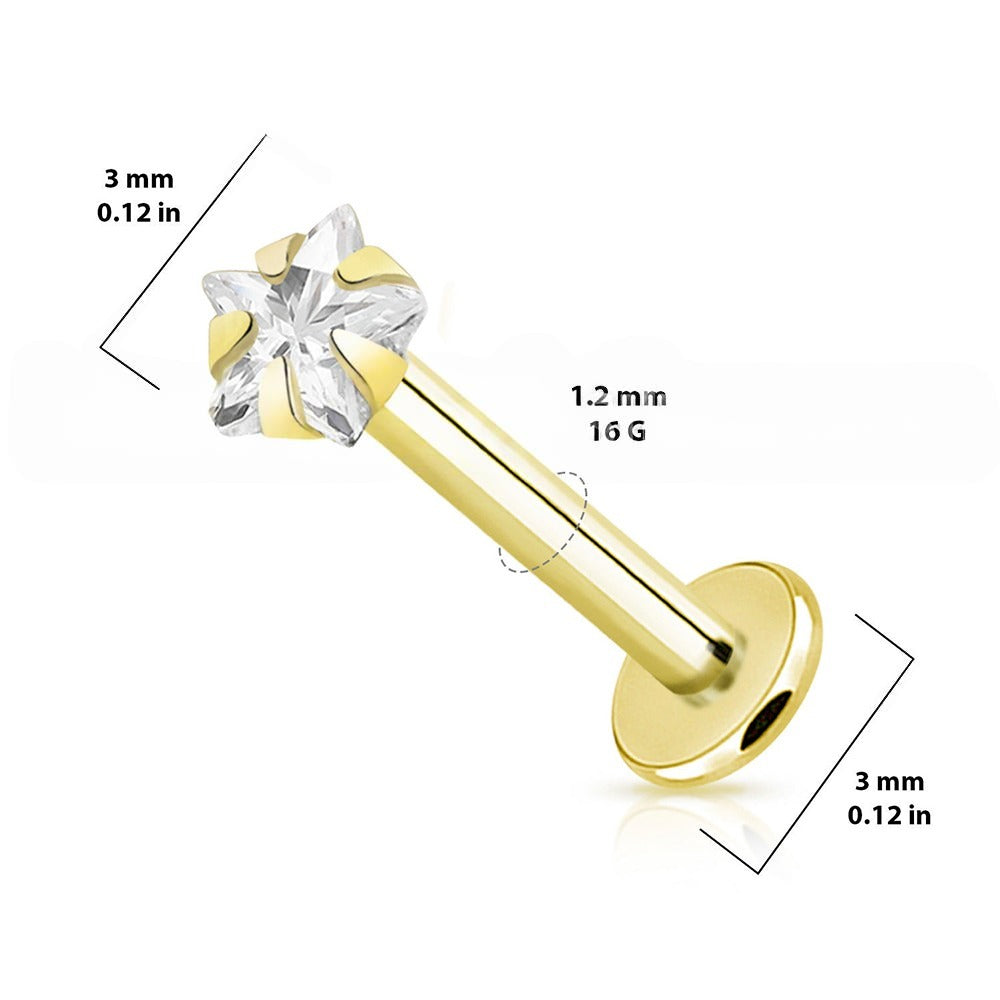 14K Solid Gold 16 Gauge Star CZ Top Labret Stud