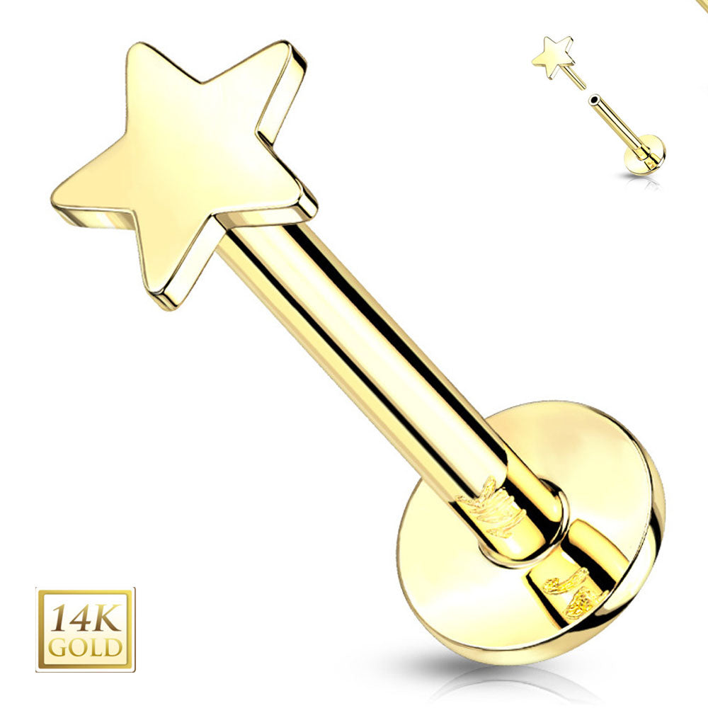 14K Solid Gold Threadless Push-In Star Labret Stud 18 Gauge 8mm