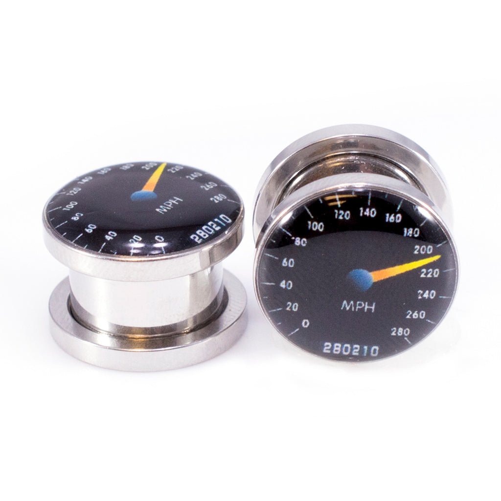Surgical Steel Speedometer Logo Screw Fit Ear Tunnels