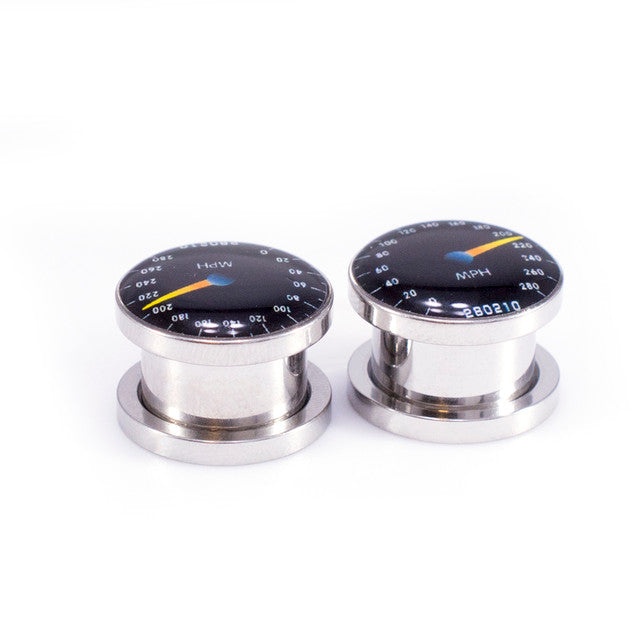 Surgical Steel Speedometer Logo Screw Fit Ear Tunnels
