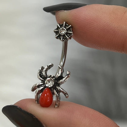 Surgical Steel 14 Gauge Belly Ring with Red CZ Spider on Web - photo 3
