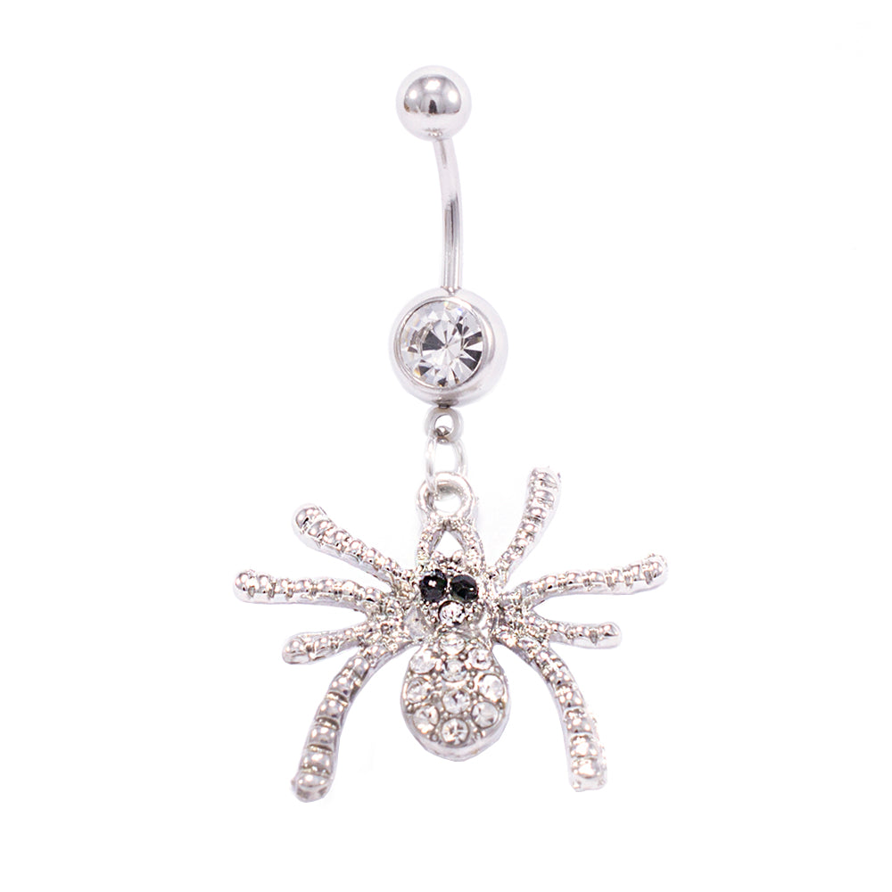 Surgical Steel 14 Gauge Belly Ring with Spider Dangle CZ