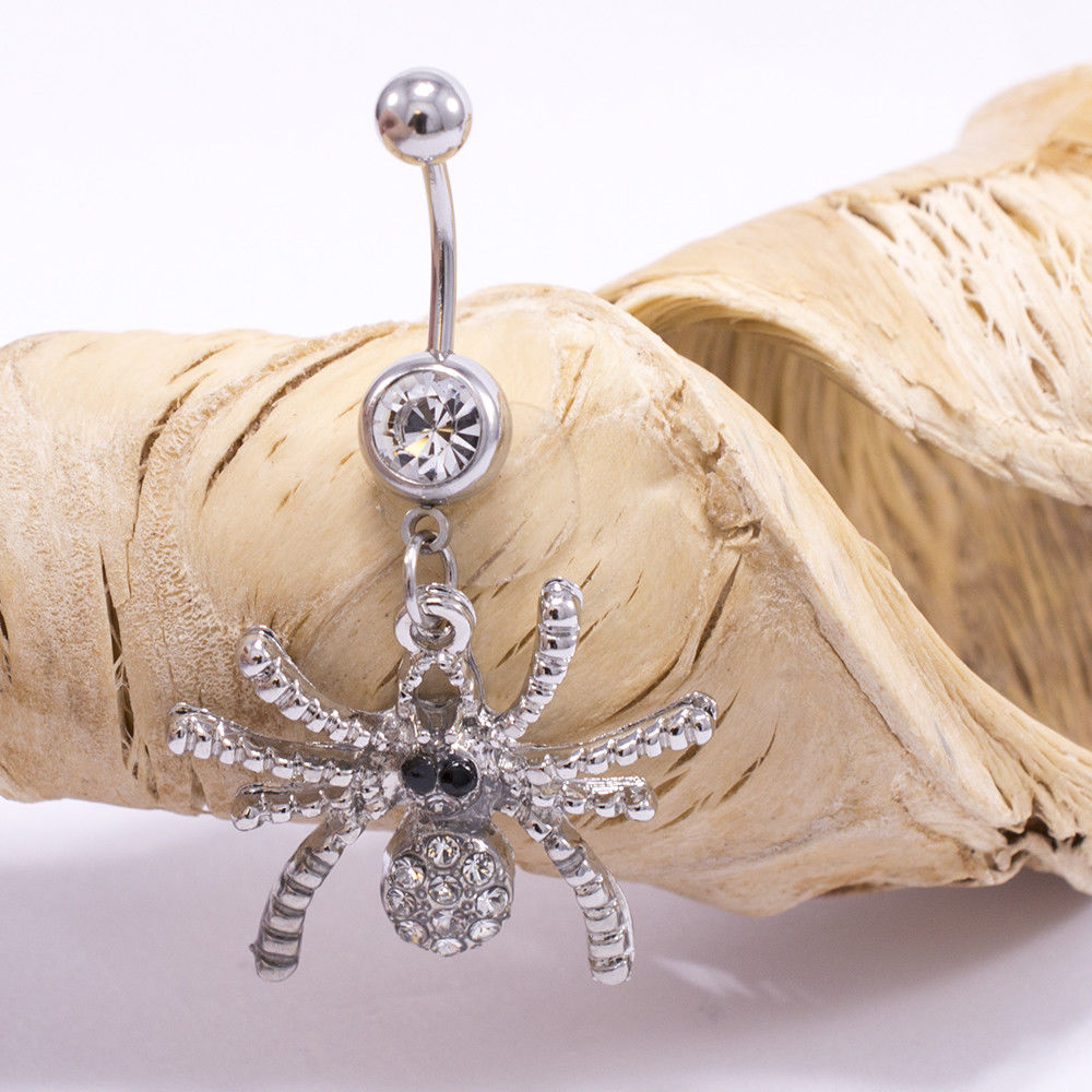 Surgical Steel 14 Gauge Belly Ring with Spider Dangle CZ - photo 3