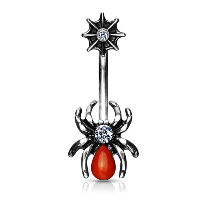 Surgical Steel 14 Gauge Belly Ring with Red CZ Spider on Web