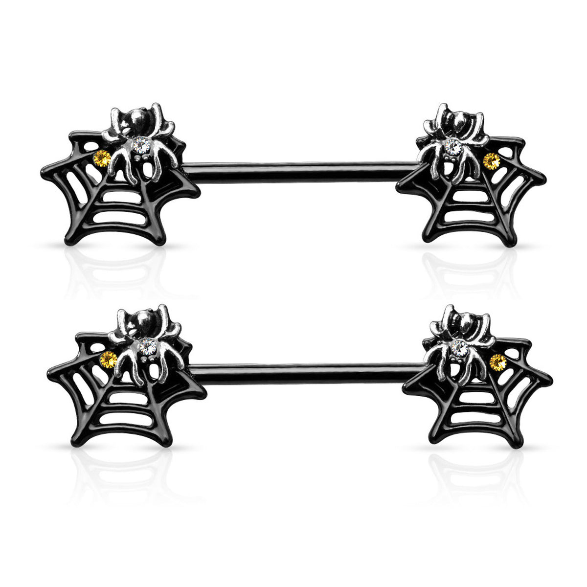 Surgical Steel Nipple Barbell 14G 14mm with Black Spider Web - Pair
