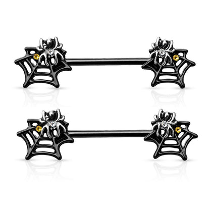 Surgical Steel Nipple Barbell 14G 14mm with Black Spider Web - Pair