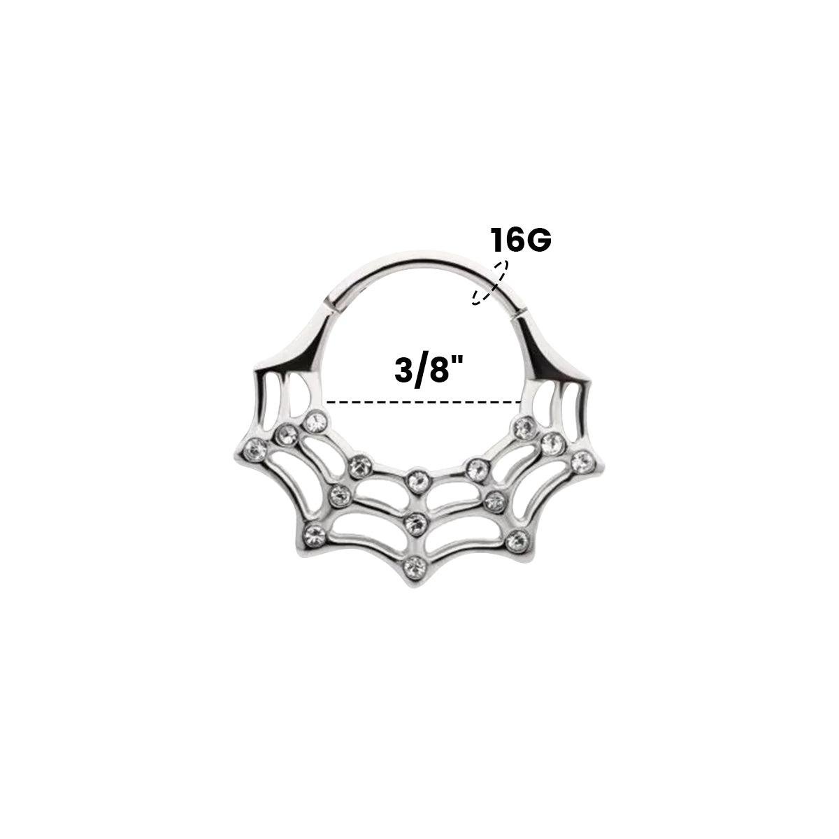 Surgical Steel Hinged Segment Ring 16G 10mm with Clear CZ Spider Web - photo 3