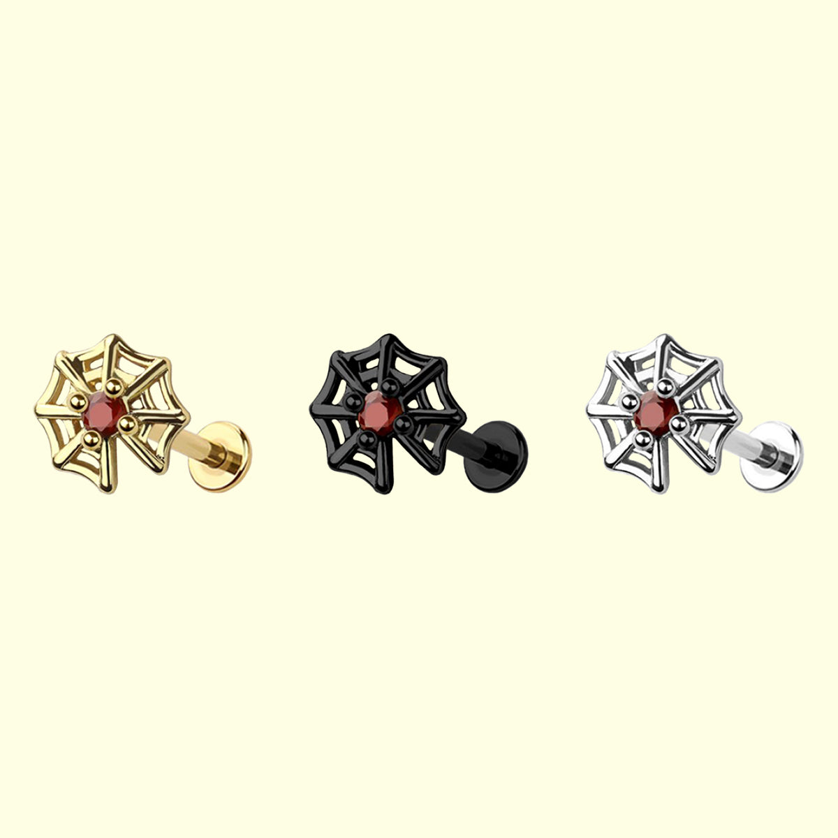 Surgical Steel Flat Back Labret Stud 18G 8mm with Red CZ Spider Web
