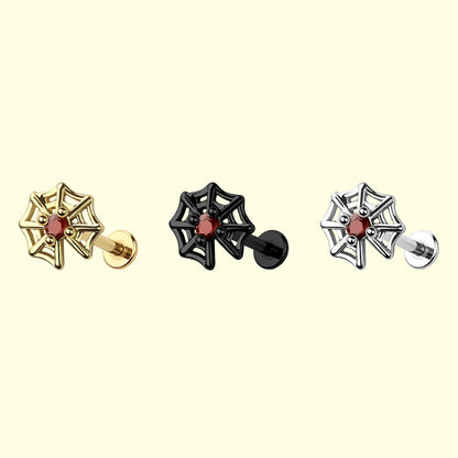 Surgical Steel Flat Back Labret Stud 18G 8mm with Red CZ Spider Web