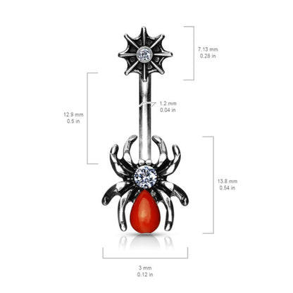Surgical Steel 14 Gauge Belly Ring with Red CZ Spider on Web - photo 2
