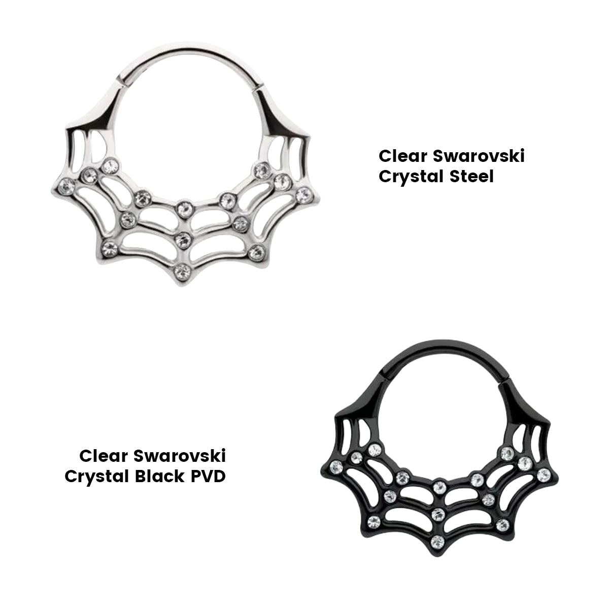 Surgical Steel Hinged Segment Ring 16G 10mm with Clear CZ Spider Web