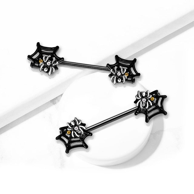 Surgical Steel Nipple Barbell 14G 14mm with Black Spider Web - Pair - photo 2
