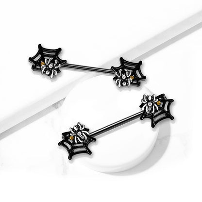 Surgical Steel Nipple Barbell 14G 14mm with Black Spider Web - Pair - photo 2
