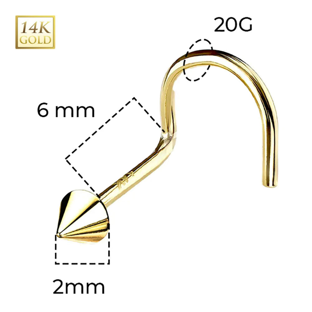 14K Solid Gold 20 Gauge Spike Cone Corkscrew Nose Stud - photo 3