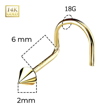 14K Solid Gold 18 Gauge Spike Cone Corkscrew Nose Stud - photo 3