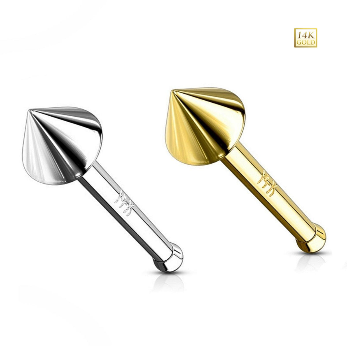 14K Solid Gold 20 Gauge Nose Bone Stud with Spike Cone