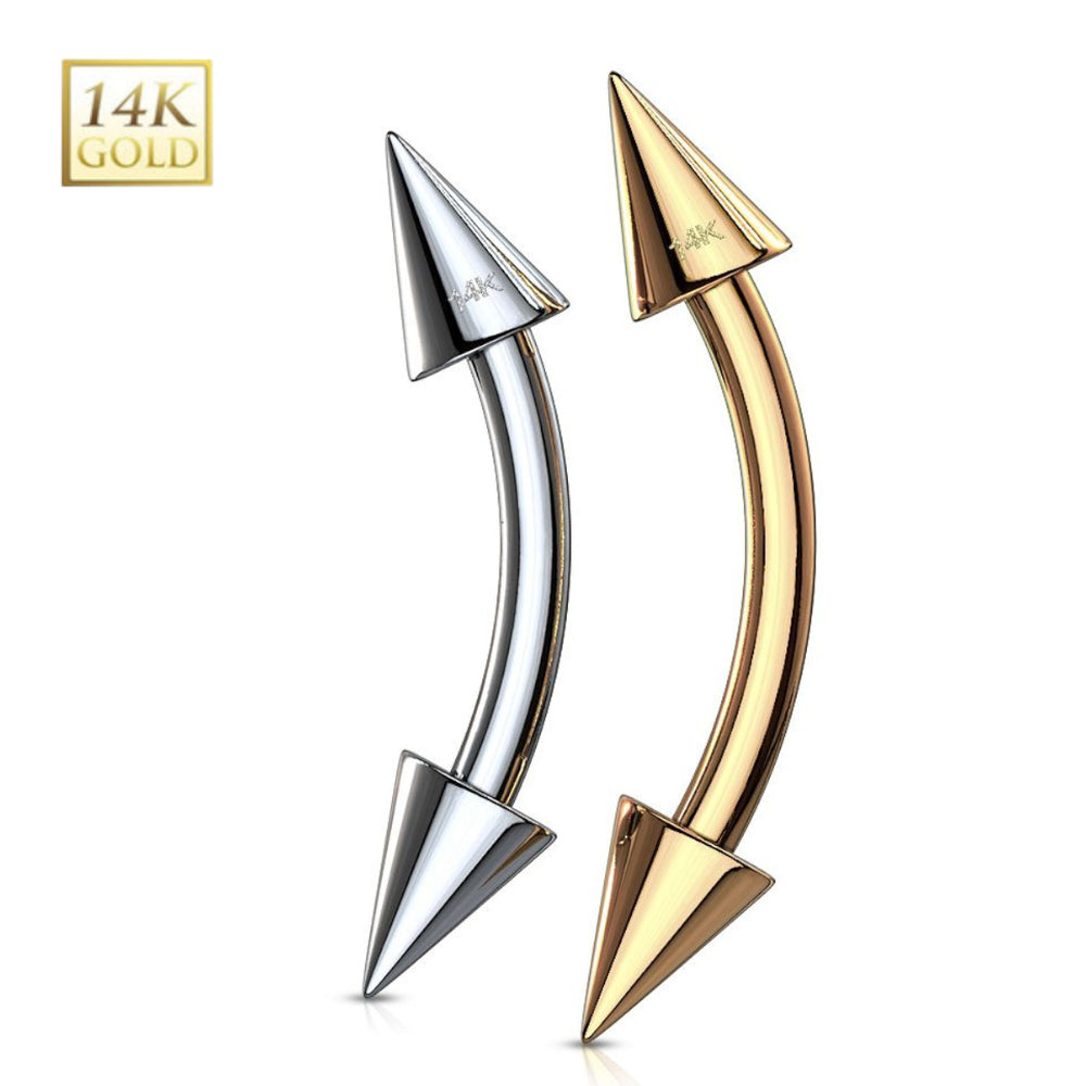 14K Solid Gold 16 Gauge Curved Barbell with Spike End