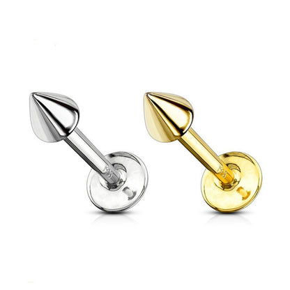 14K Solid Gold 14 and 16 Gauge Flat Back Labret Stud with Spike Top