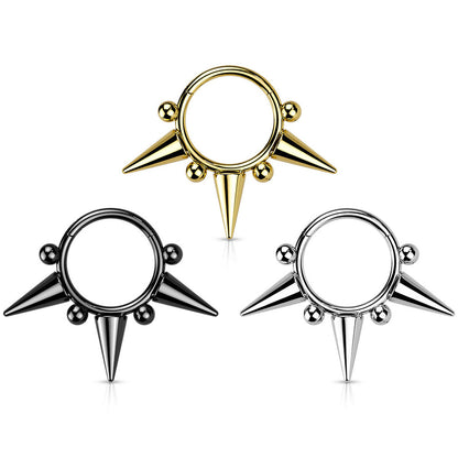 Surgical Steel 16 to 18 Gauge Hinged Segment Ring with Triple Spike