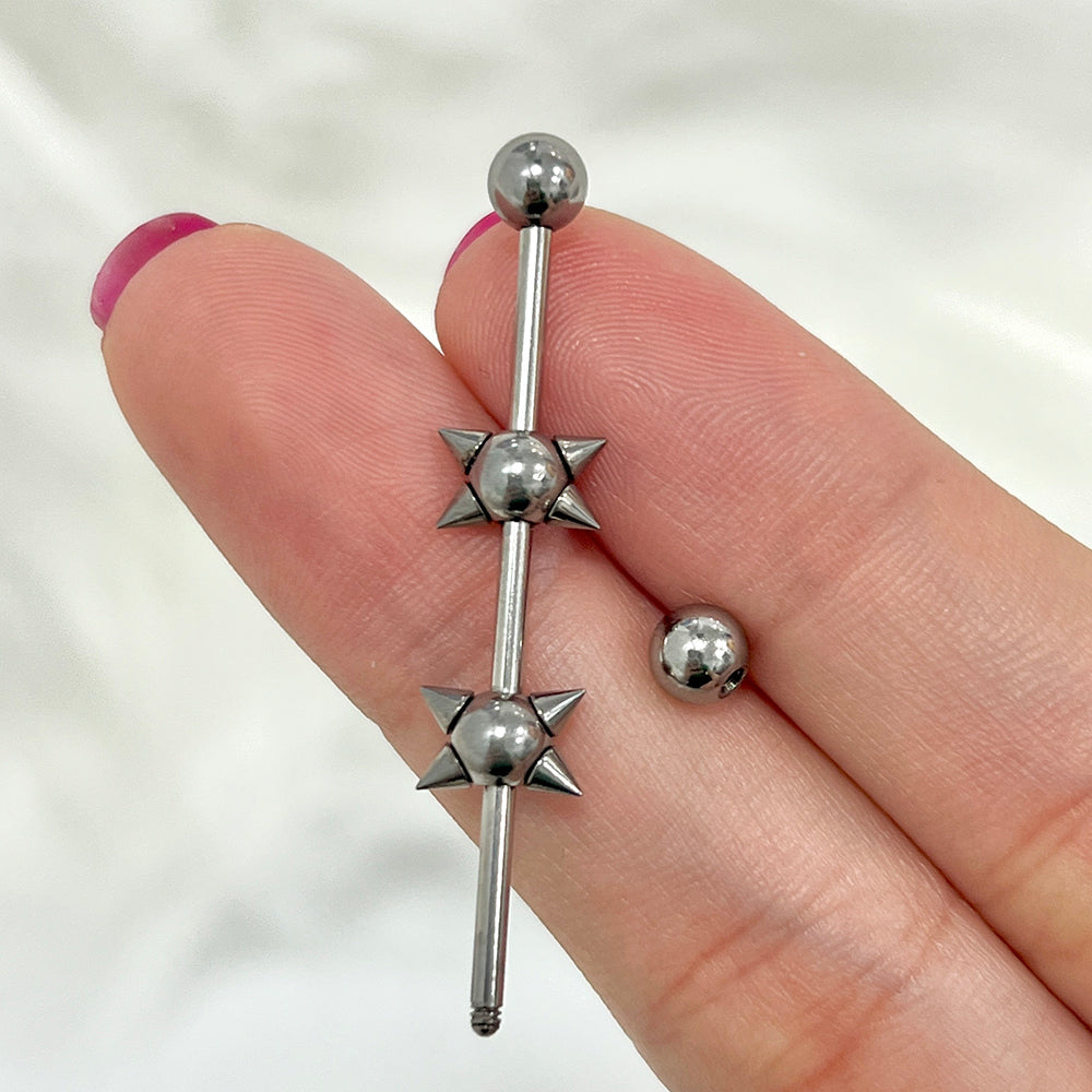 Surgical Steel Industrial Barbell 14G 35mm & 38mm Twin Spiked Balls - photo 3