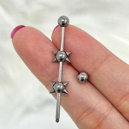 Surgical Steel Industrial Barbell 14G 35mm & 38mm Twin Spiked Balls - photo 3