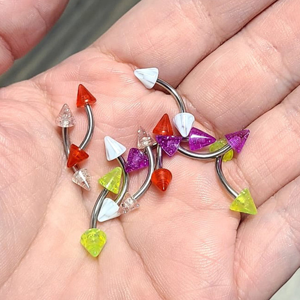 Surgical Steel & Acrylic 14G Spike Curved Barbells 8mm - 10 Pack