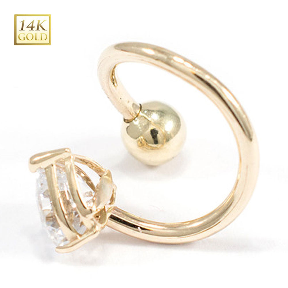 14K Solid Gold 14 Gauge Heart CZ Spiral Twisted Barbell - photo 4