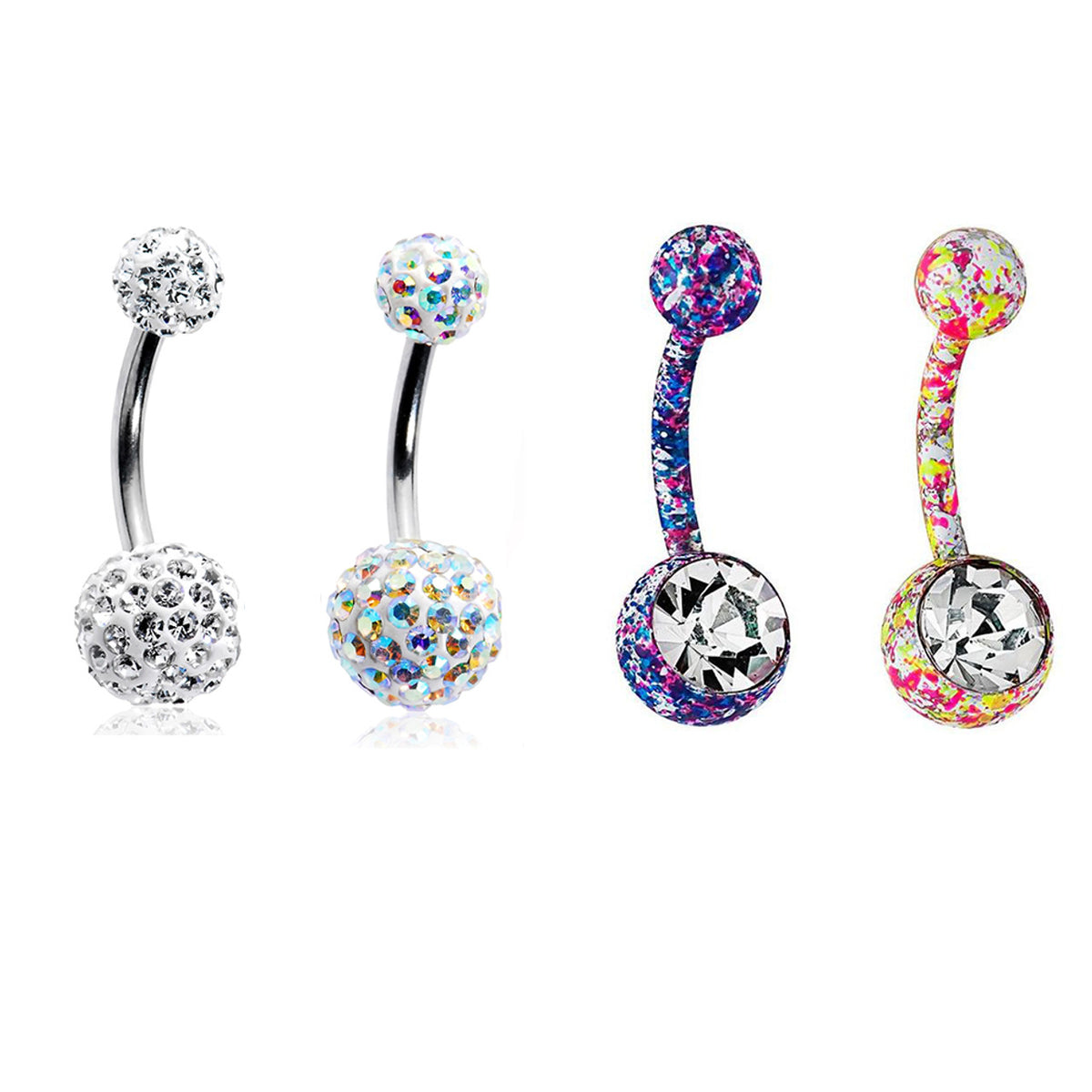 Surgical Steel 14 Gauge Belly Rings with Splatter Paint CZ - 4 Pack